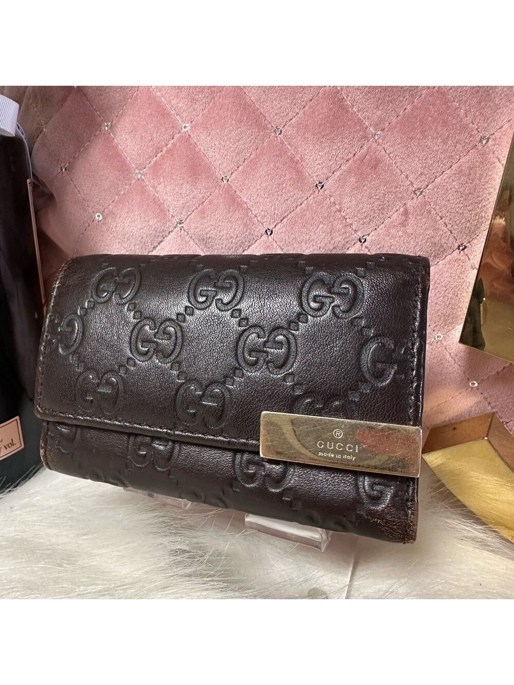AUTHENTIC GUCCI SHIMA GG LOGO BROWN LEATHER 6 RING KEYCASE TRIFOLD WALLET - Picture 2 of 15